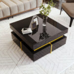 Coffee table, high-gloss living room table, side table with drawers and golden accents