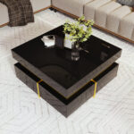 Coffee table, high-gloss living room table, side table with drawers and golden accents - Image 2