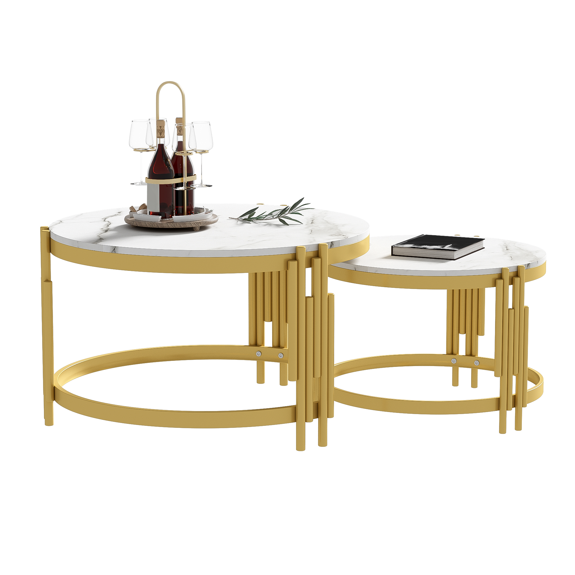 Modulated coffee table set, marble look, gold metal frame, round tables in two sizes