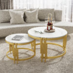 Modulated coffee table set, marble look, gold metal frame, round tables in two sizes - Image 10