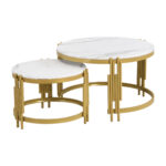 Modulated coffee table set, marble look, gold metal frame, round tables in two sizes - Image 19