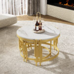 Modulated coffee table set, marble look, gold metal frame, round tables in two sizes - Image 2