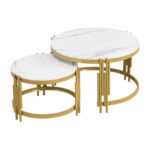 Modulated coffee table set, marble look, gold metal frame, round tables in two sizes - Image 22