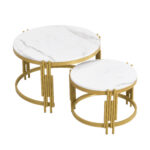 Modulated coffee table set, marble look, gold metal frame, round tables in two sizes - Image 23