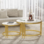 Modulated coffee table set, marble look, gold metal frame, round tables in two sizes - Image 4