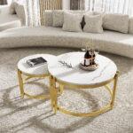 Modulated coffee table set, marble look, gold metal frame, round tables in two sizes - Image 5