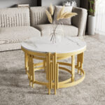 Modulated coffee table set, marble look, gold metal frame, round tables in two sizes - Image 6