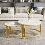 Modulated coffee table set, marble look, gold metal frame, round tables in two sizes - Image 7