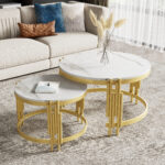Modulated coffee table set, marble look, gold metal frame, round tables in two sizes - Image 8