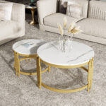 Modulated coffee table set, marble look, gold metal frame, round tables in two sizes - Image 9