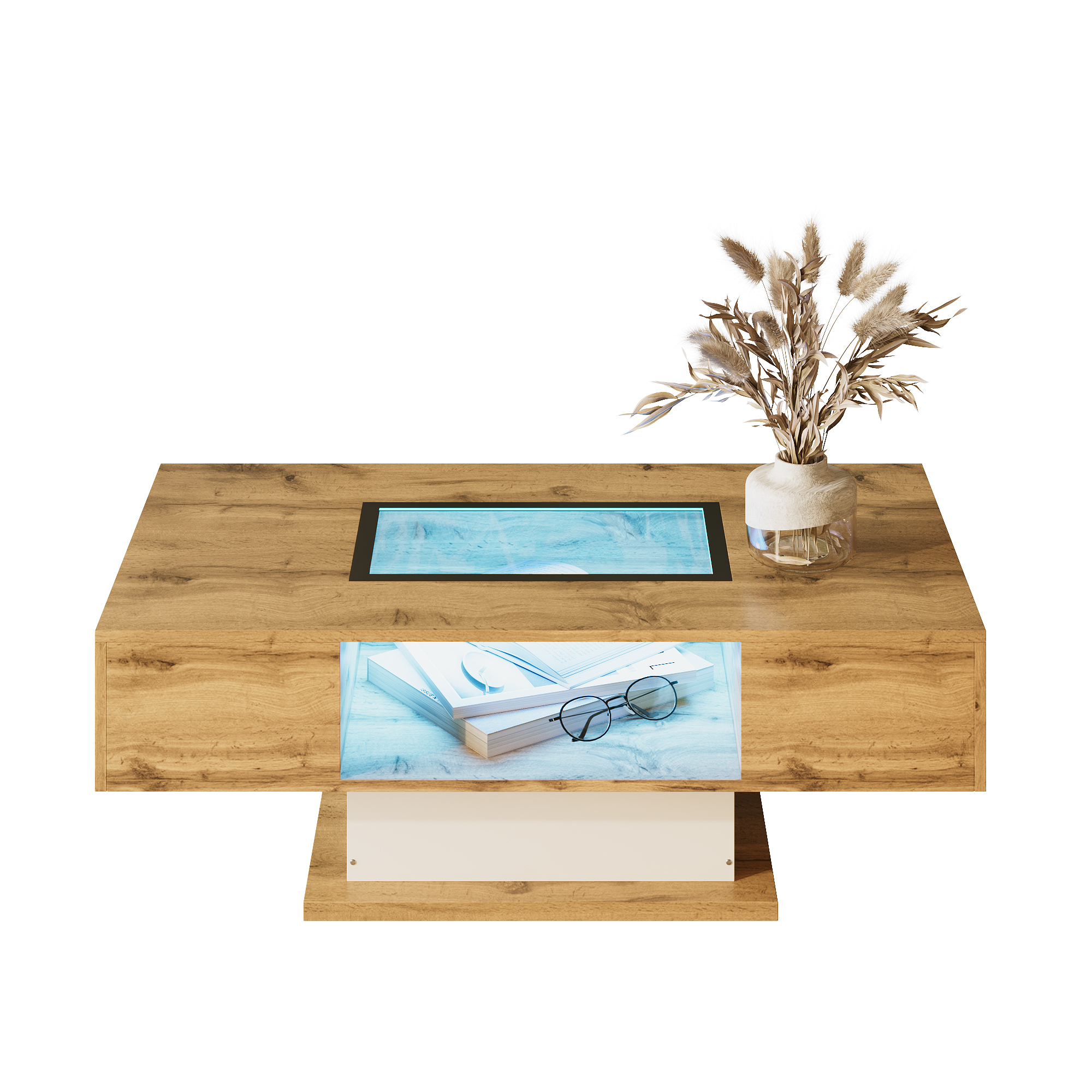 Coffee table, living room table with color-changing LED light, with glass, side table with two drawe