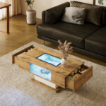 Coffee table, living room table with color-changing LED light, with glass, side table with two drawe - Image 2