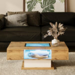 Coffee table, living room table with color-changing LED light, with glass, side table with two drawe - Image 3