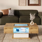 Coffee table, living room table with color-changing LED light, with glass, side table with two drawe - Image 4