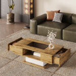 Coffee table, living room table with color-changing LED light, with glass, side table with two drawe - Image 5
