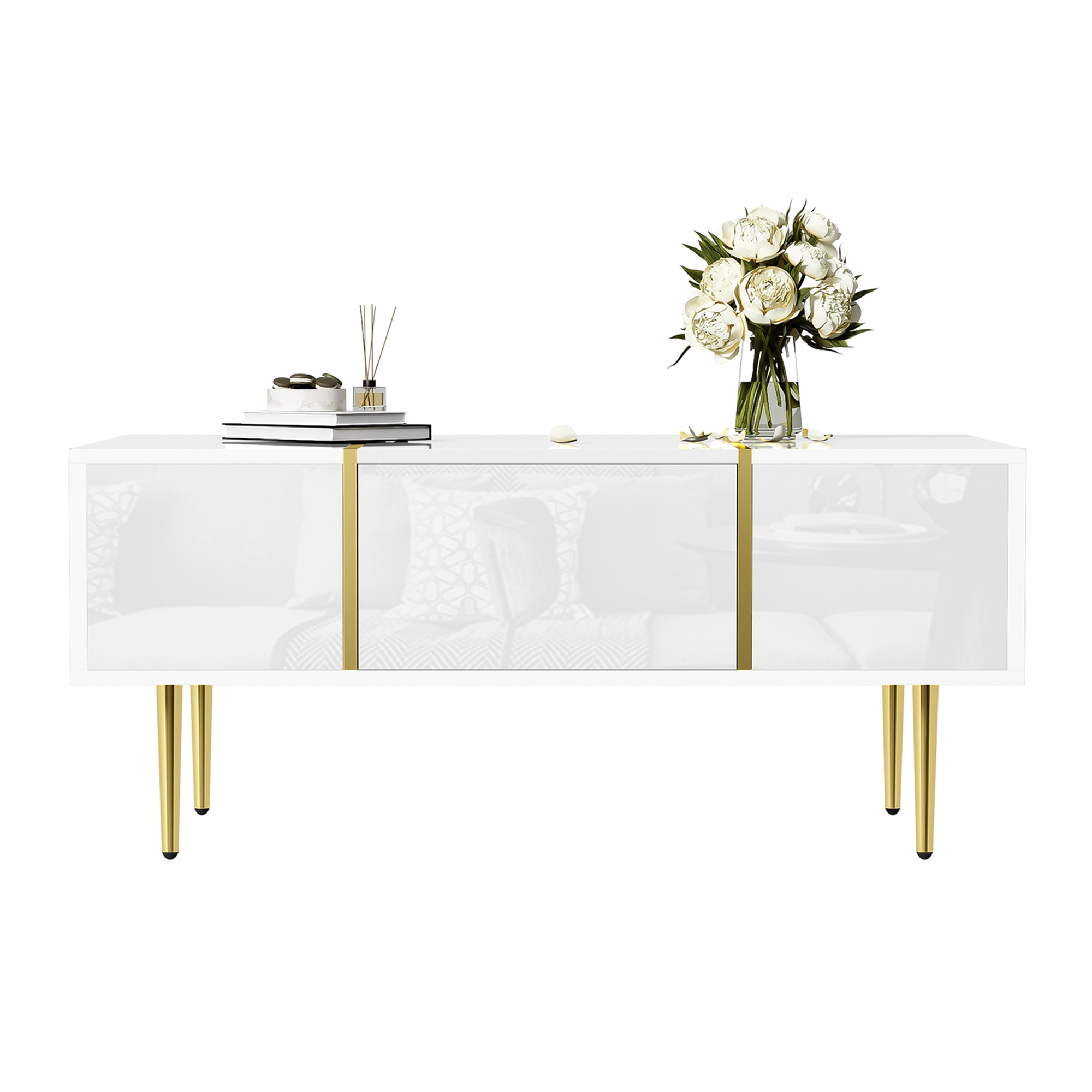 White coffee table with high gloss, modern and simple, with 2 drawers