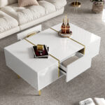 White coffee table with high gloss, modern and simple, with 2 drawers - Image 9