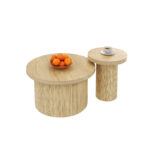 Coffee table, double round table, side table with natural wood slats. Multifunctional living room ta