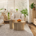 Coffee table, double round table, side table with natural wood slats. Multifunctional living room ta - Image 9