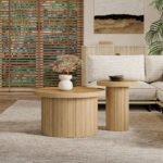 Coffee table, double round table, side table with natural wood slats. Multifunctional living room ta - Image 2