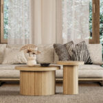 Coffee table, double round table, side table with natural wood slats. Multifunctional living room ta - Image 3