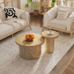 Coffee table, double round table, side table with natural wood slats. Multifunctional living room ta - Image 4