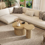 Coffee table, double round table, side table with natural wood slats. Multifunctional living room ta - Image 6
