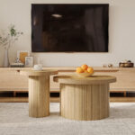 Coffee table, double round table, side table with natural wood slats. Multifunctional living room ta - Image 7