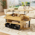 Modern coffee table made of wood grain, with lifting function, storage space and black fabric drawer