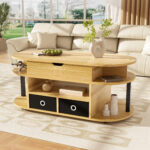 Modern coffee table made of wood grain, with lifting function, storage space and black fabric drawer - Image 2