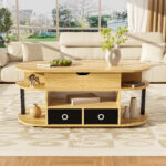 Modern coffee table made of wood grain, with lifting function, storage space and black fabric drawer - Image 3