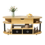Modern coffee table made of wood grain, with lifting function, storage space and black fabric drawer - Image 5