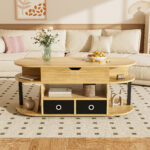 Modern coffee table made of wood grain, with lifting function, storage space and black fabric drawer - Image 6