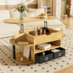Modern coffee table made of wood grain, with lifting function, storage space and black fabric drawer - Image 7