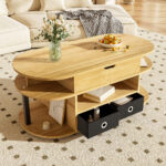 Modern coffee table made of wood grain, with lifting function, storage space and black fabric drawer - Image 8