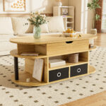 Modern coffee table made of wood grain, with lifting function, storage space and black fabric drawer - Image 9