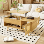 Elegant coffee table with raisable tabletop and rattan doors, wood color with black accents, ideal f