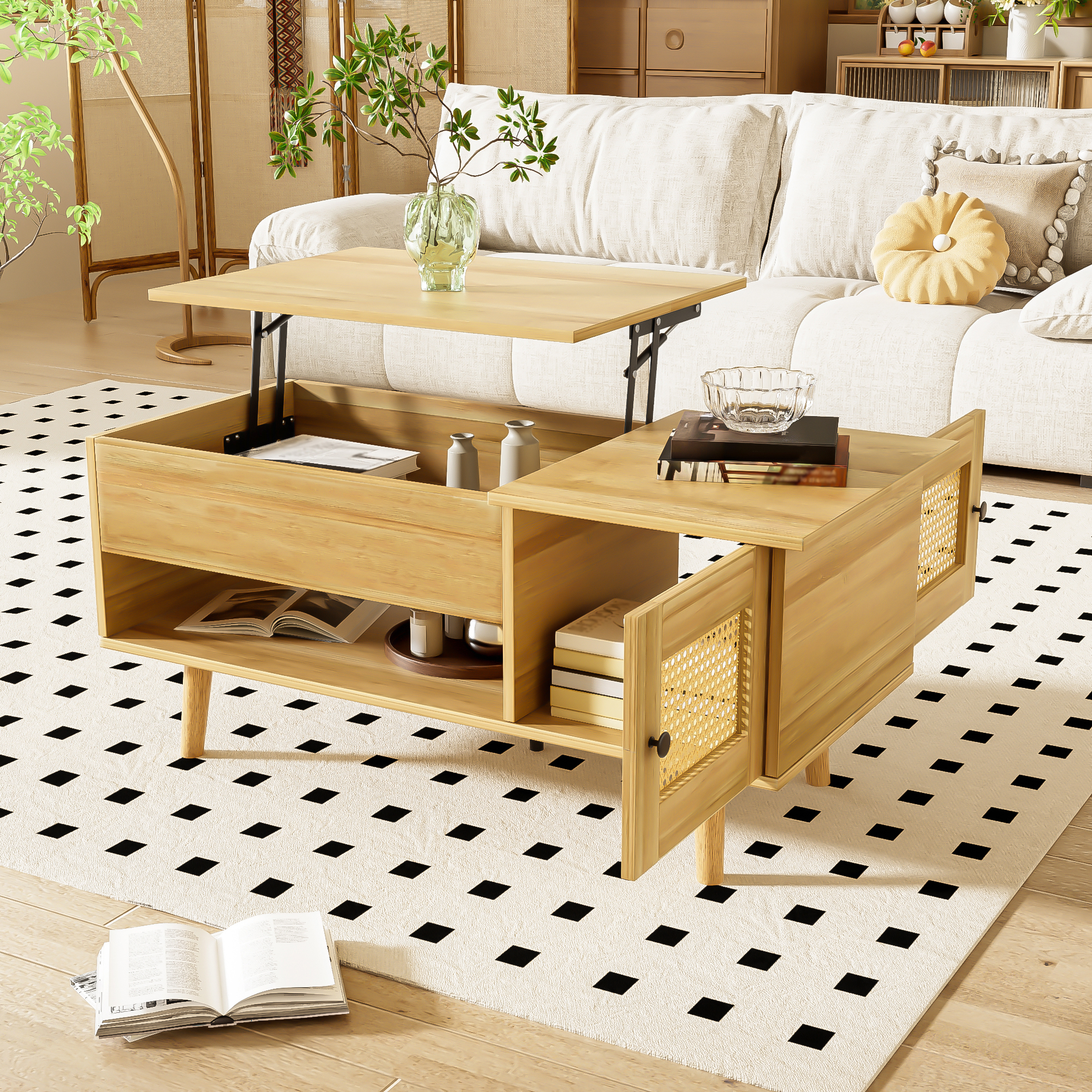 Elegant coffee table with raisable tabletop and rattan doors, wood color with black accents, ideal f