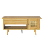 Elegant coffee table with raisable tabletop and rattan doors, wood color with black accents, ideal f - Image 10