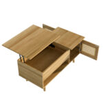 Elegant coffee table with raisable tabletop and rattan doors, wood color with black accents, ideal f - Image 12