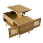 Elegant coffee table with raisable tabletop and rattan doors, wood color with black accents, ideal f - Image 13