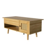 Elegant coffee table with raisable tabletop and rattan doors, wood color with black accents, ideal f - Image 14