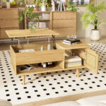 Elegant coffee table with raisable tabletop and rattan doors, wood color with black accents, ideal f - Image 2