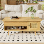 Elegant coffee table with raisable tabletop and rattan doors, wood color with black accents, ideal f - Image 3