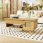 Elegant coffee table with raisable tabletop and rattan doors, wood color with black accents, ideal f - Image 4