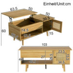 Elegant coffee table with raisable tabletop and rattan doors, wood color with black accents, ideal f - Image 5
