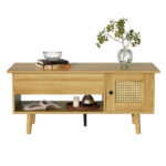 Elegant coffee table with raisable tabletop and rattan doors, wood color with black accents, ideal f - Image 6