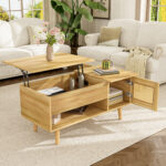 Elegant coffee table with raisable tabletop and rattan doors, wood color with black accents, ideal f - Image 7
