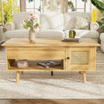 Elegant coffee table with raisable tabletop and rattan doors, wood color with black accents, ideal f - Image 8