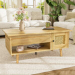 Elegant coffee table with raisable tabletop and rattan doors, wood color with black accents, ideal f - Image 9